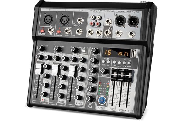 Depusheng Professional Audio Mixer, 4 Channel Audio Interface Sound Board Mixing Console System, 16-Bit DSP DJ Bluetooth Mixer +48V Phantom Effect For Karaoke Studio Streaming Recording