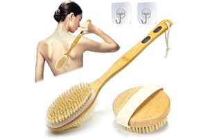 YUNYU Wet & Dry Brushing Body Brush Set, 2pcs Long Handle Back Scrubber & Round Head Dry Brush, Double-Sided for Exfoliation, Dead Skin Removal, Blood Circulation, for Men & Women