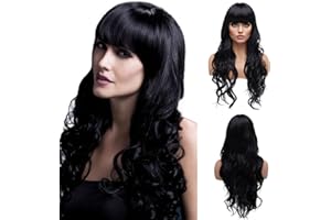 BESTUNG Peluca larga ondulada para mujer, pelo sintético, pelo completo, color negro natural, con pulseras para disfraz de cosplay o vida diaria