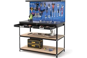 TANGZON Workbench with Pegboard, Metal Work Bench with Shelves, Topping Space, Hanging Accessories, Heavy Duty Work Table Tool Storage Bench for Workshop Warehouse (Navy, 121x61x156cm)