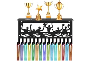 CREATCABIN Présentoir Médailles pour Trophée avec Étagère Murale,Crochets en Fer,Décoration Cadre Sport,Support Médailles Noir pour Suspendre 70 médaille,Badges,Athlètes,Médaillés,Water-Polo