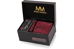 MASSI MORINO Cravate Homme - avec mouchoirs de poche, boutons de manchette et Pinces à cravates | Coffret cadeau | Accessoires de Fete de Mariage