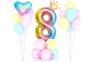 YYDSXK Balon foliowy na 8 urodziny, tęcza, balony z cyframi, dekoracja na 8. urodziny, balony na 8 urodziny, dla dziewczynek w wieku 8 lat, na imprezę, urodziny, dekoracja