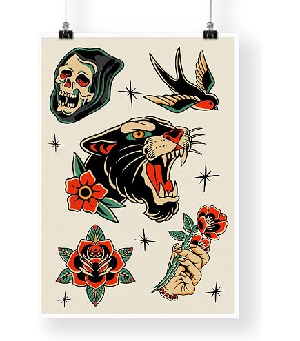 Artery8 Poster XL 81x61 Cm: Pin Up Girl Con Rosa Tatuaggio Stile Rockabilly Americana Anni '50, Stampe D'Arte - 6