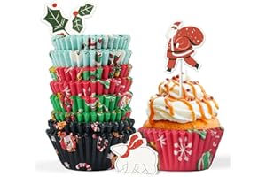 Bake Choice 200 pièces Caissette Muffins Papier avec 12 Toppers,Moule Muffins Papier Standard 5 cm,parfait pour les Fêtes de Noël,les événements Scolaires et la pâtisserie en Famille
