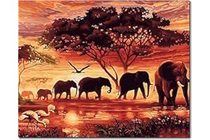 Fuumuui Pintura por Números Adultos y Niños Principiantes Incluye Pinceles y Pinturas Acrílicas 40 x 50 cm - Paisaje, Elefantes al Atardecer