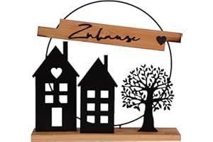 UNUS Aufsteller Deko-Schild Zuhause,Bambus und Metall, schwarz, Filigranes Design mit Häusern und Baum, Ganzjährige Dekoration für Wohnzimmer & Eingangsbereich
