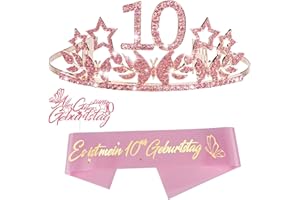AUXSOUL 10 Geburtstags Schärpe Krone und Kuchendeckel, Rose Gold Kristall Tiara Prinzessin Geburtstagskrone und Schärpe für Geburtstag Party Favor Supplies