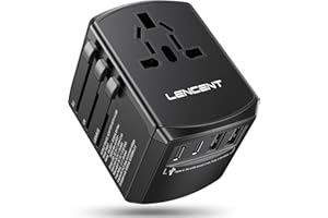 LENCENT Adaptador Enchufe de Viaje Universal, Cargador de Pared USB Internacional de 2 Puertos USB-A y 2 Tipo C para EEUU/UK/EU/AUS Más de 200 Países para Teléfonos, Tabletas, Cámara y más, Negro