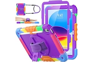 SEYMAC stock Case for iPad A16 11th/10th Generation (11/10.9 Inch) 2025/2022, Heavy Duty Shockproof with Screen Protector, 360° Rotating Stand/Hand Strap, Pencil Holder & Shoulder Strap, Camo+Purple