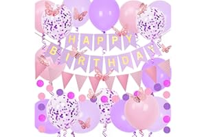 DOUVELUE Purple and Pink Birthday Decorations, Happy Birthday Banner and Purple Pink Balloons, Butterfly Stickers and Circle Dot Paper Garland, Bunting Banner, for Women Girls Party Decoration
