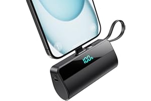 IPOSIBLE Mini Bateria Externa para iPhone, 5500mAh Cargador Portátil con Cable USB C Integrado 20W PD Carga Rapida Power Bank Compacto Powerbank con Pantalla LCD Compatible con iPhone 16/15/14/13/12/11/X/8/7/6