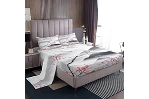 LOUSSIESD Juego de sábanas de Flor de Cerezo con patrón de grúa Hokusai, sábana Bajera para niños, niñas, Adolescentes, sábanas japonesas Ukiyoe, Estilo japonés con 1 Funda de Almohada, 3 Piezas, tamaño indivi