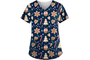 HSUAYEUD Christmas Scrubs for Women Medical Uniform Nurse Hospital Tops Xmas V-Neck Working Uniforms Adult Santa Workwear