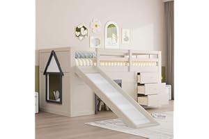 ‎MERAX Merax Kinderbett 90x200 Funktionsbett Kinder Hochbett mit Rutsche, Stauraum, Unterhaltungsbereich unter dem Bett - Holzbett mit Lattenrost, Leiter und Rausfallschutz, Kiefer, ohne Matratze, Creme