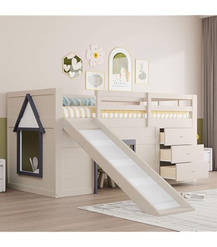 VidaXL Etagenbett Mit Rutsche & Vorhängen - Spielbett Aus Kiefernholz 90x200cm In Blau