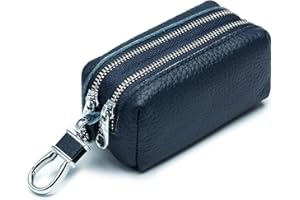 RRvane Genuine Leather Car Key Case, Unisex Double Zipper Keychain Wallet Coin Purse Bag with Metal Hook (Navy)
