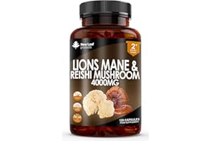 NEW LEAF PRODUCTS Lions Mane Capsules 4000mg + Reishi Mushroom - Lions Mane Supplement High Strength Supplement - 120 Vegan Lion Mane Powder Capsules - Made in UK by New Leaf