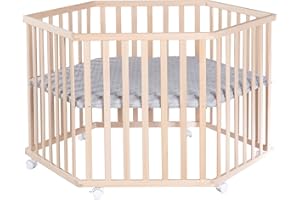 roba Parc Bébé Hexagonal en Bois Massif Bio Cosplay + Tapis de Parc roba Style Gris - Hauteur Ajustable sur 3 Niveaux - Roulettes avec Freins - Finition Naturelle