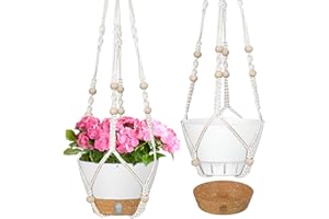 ZMTECH Pot de Fleurs Suspendu de 20 cm avec Support en Macramé, Trou de Drainage et Plateau à Niveau Visible pour Plantes D'intérieur et D'extérieur (Blanc, Lot de 2)
