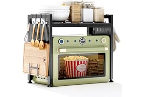 SAYZH Expandable Microwave Shelf, Microwave Stand with 10 Hooks/Cutting Board Holder/Rag rack, 2 Tier Microwave Oven Rack for Kitchen Counter Organizer, Black