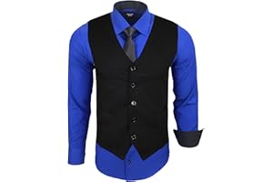 Subliminal Mode - Gilet + Chemise + Cravate Homme Col Bicolore Uni Manches Longues Coupe Ajusté Business Repassage Facile RN33