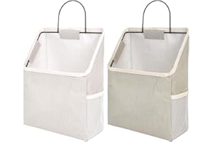 Nramwell 2 PCS Wall Hanging Organiser Bag, Linen Hanging Storage Bag with Hook, Fabric Baskets for Storage with Metal Frame, Gray and White Hanging Organizer for Door Closet Kitchen Office