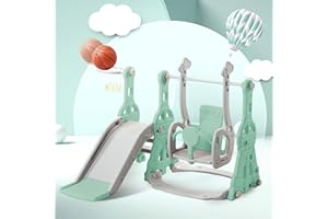 Merax Tobogán para niños, 4 en 1, columpio infantil, canasta de baloncesto, escalera de escalada, parque infantil para jardín en interiores y exteriores, juego de tobogán para bebé, color verde