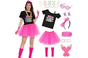 JONRRYIN 80er Jahre Outfit Damen, Mottoparty 80er Kostüm Damen mit T-Shirt, Tutu mit Futter, Haarband, Stirnband, Halskette, 80er 90er Jahre Kostüm für Damen Mädchen Karneval Cosplay