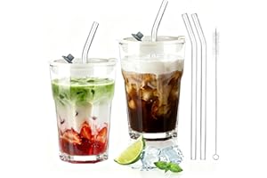 ecooe Juego de 2 Vasos de Vidrio con Tapa y Pajilla 380ml, Tazas de Café Vasos para Llevar Smoothies Café Helado, Diseño Hermético e Impermeable, Ideales para Matcha Latte, Jugos, Leche, Té, Cócteles