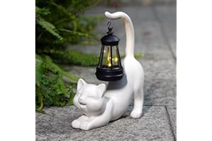 DECOROBBO Lumières solaires de Statue de Jardin, 10 Pouces lumières extérieures de Figurine de résine de Chat pour Patio, Balcon, pelouse, décoration de Cour (Blanc-1)