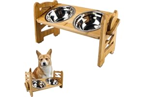 SilverChry Hundenapf Erhöht Katzennapf, Futternapf mit Gestell, Edelstahl Fressnäpfe 2er, Höhenverstellbar Katzennapf, 6 Höhen, Futterstation Hund Bambus für Katzen Kleine Hunde