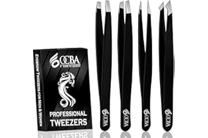 OCBA 4 pièces Pince à épiler les sourcils Pointe améliorée professionnelle avec revêtement antidérapant Pince pour épilation des poils Pince pointue (Noir) (4 Pack Black)
