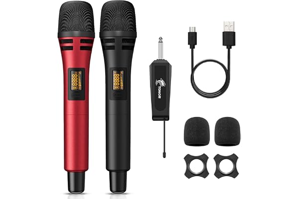 TONOR Micro Karaoke sans Fil, UHF Microphone Dynamique Chant Portable à Main avec Récepteur Rechargeable pour Karaoké Discours Mariage DJ Spectacles église Classe Conférences,60M, Noir&Rouge,TW320