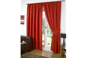 RAYYAN LINEN Thermal Pencil Pleat Blackout Tape Top Pair of Curtains With Free Tiebacks (46" X 54", Red)