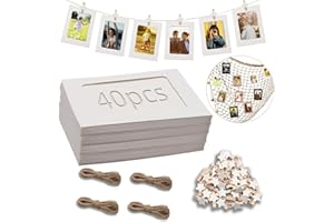 Ziamzra Pack of 40 White Photo Garland, 10 x 15 cm, Photo Hanging, DIY Kraft Paper Picture Frame, 40 Pieces, Small Clips for Photos Hanging, 4 Pieces Photo Line for Birthday, Wedding, Party, Wall