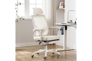 UEV Chaise Bureau Ergonomique, Chaise de Bureau avec roulettes et Accoudoirs, Hauteur et Appui-tête Réglable, Repose Pieds, Capacité 136kg, Fabriquer en Maille Respirant, Beige