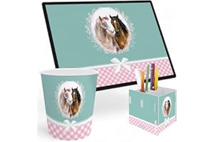 itenga SET Papierkorb Schreibunterlage und Stifteköcher mit Motiv - Papierkorb für Kinder mit Motiv - rund ca. 11 Liter passende Schreibtischunterlage und Schreibtisch Organizer (Motiv Pferde)