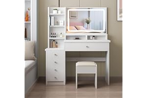 Zeaper Schminktisch mit LED Beleuchtung und Hocker Frisiertisch mit Großer Spiegel,Kosmetiktisch mit 6 Schubladen und 3 offene Ablagen, Make-up Tisch Modern für Schlafzimmer aus Holz, Weiß (Y-154)