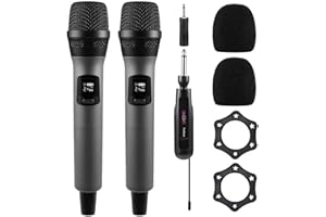 FerBuee Microphone sans Fil Micro à Main Double avec Récepteur Rechargeable, Sortie 1/4”, 1/8" pour Amplificateur, Système de Sonorisation, Karaoké, Église, Réunion (Gris & Gris)