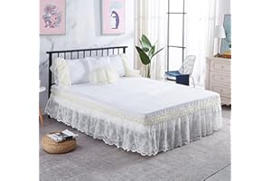 Surwin Pleated Bed Valance Sheet Single Double King Size Lace Embroidery Bed Base Wrap Extra Deep Frilled Fitted Valance Sheet Easy Care Bed Skirt Soft Breathable (Beige,120x200x40cm)