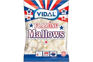 Vidal Golosinas. Flaming Mallows Vainilla. Nubes esponjosas de gran tamaño con sabor a vainilla. Ideales para barbacoas, fogatas y planchas. Color blanco. Sin gluten ni grasa. Bolsa 1 kg