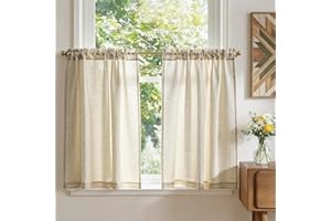 TOPICK Linen Blend Kitchen Curtains, 36 Inch Drop Small Cafe Curtains, Solid Pattern Light Filtering Short Curtain Tiers for Bathroom Sink Cupboard, Rod Pocket 2 Panels Crude