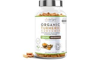 Turmeric and Black Pepper Capsules | 1440mg Dose | 180 Tablets | 3 Month Supply | 2 A Day | Herbal Supplements | High Strength Curcumin | VitaBright Organic Tumeric Supplement
