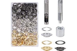 HO2NLE 124 Pcs Ojetes Metalicos 14 mm Kit de Herramientas de Ojales de Arandelas de Tricolor para Manualidades de Zapatos, Ropa, Bolsa de Lona, ​​Toldos (Oro, Plata, Negro Pistola)