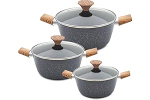 AKH HOUSEWARE Non Stick Casserole Dishes with Lid Cooking Pot 5 Layer Non-Stick Coated Casserole Dishes/Serving Dishes Induction Hob Compatibility Cookware (Grey, Set of 3)
