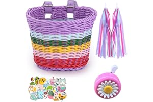Hojalis Kids Bike Basket, Bike Basket Front Kids, Handwoven BikeBasket with Spare Leather Straps, Cute Sticker, Bike Tassels and Bike Bell, Coloured Scooter Basket, Bicycle Accessories for Kid Girls