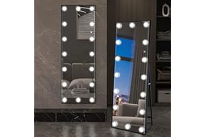 YOSHOOT Specchio da 140 x 50 cm Hollywood per tutto il corpo con illuminazione, specchio a LED per tutto il corpo, da parete e da autoportante, con dimmer e 3 modalità di colore (nero)