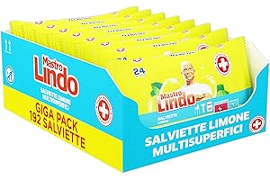 Mastro Lindo Salviette Igienizzanti Multisuperficie, 192 Pezzi (8 x 24 Salviettine), Limone, Per Tutte le Superfici, Senza Risciaquo, Fresco Profumo di Pulito, Maxi Formato