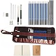 ColorBlocks 25 Pcs Sketch Set |Bonus Drawing Book| Charcoal Set | Roll Up Canvas Carry Pouch | Pro Art Supplies Kit | Drawing Pencils, Sharpeners, and Erasers